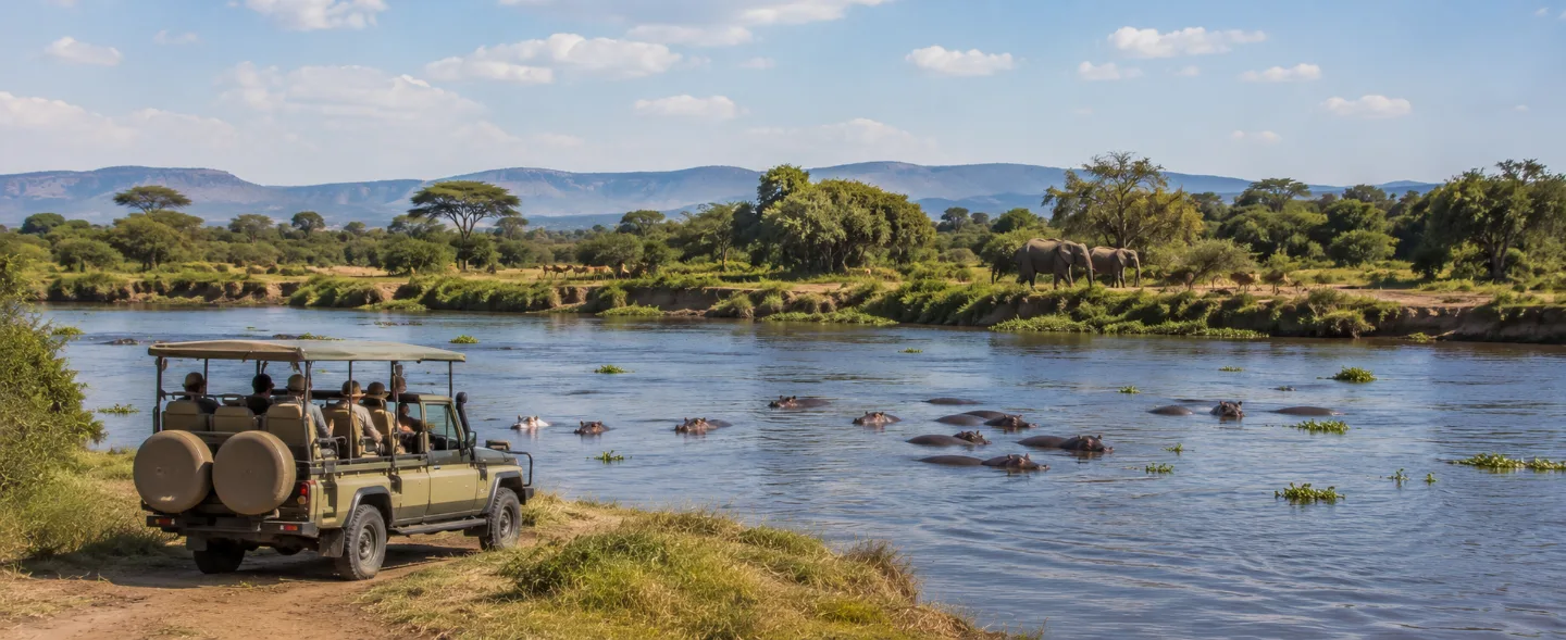 Open safari vehicle with guests on a riverbank, hippos in the water and elephants on the far bank