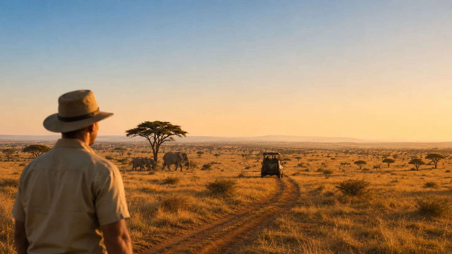 Safari-Guide blickt bei Sonnenuntergang über die Savanne auf Elefanten und ein Safarifahrzeug